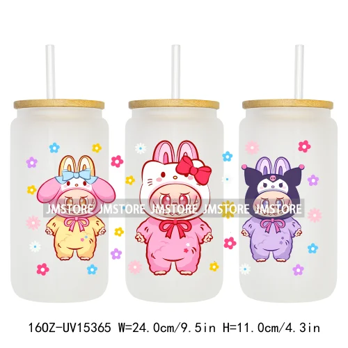 Coquette Bow Cartoon Monsters In Outfit UV DTF Cup Wraps Ready To Apply Waterproof Transfer Stickers For 16OZ Libbey Glass Can