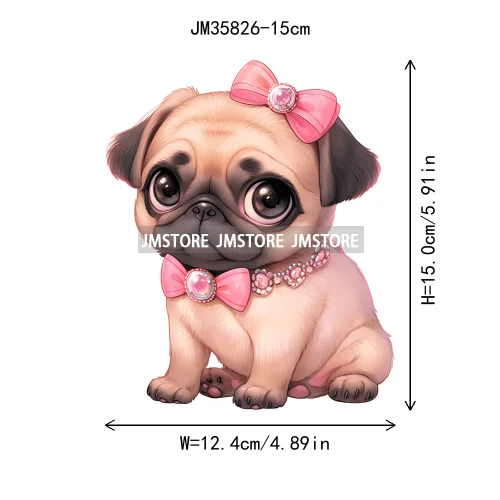 15cm 5.9in Cartoon Pink Bow Dog Animal Iron On Heat Transfer Sticker For Clothes Printed Vinyl Thermal Washable T-Shirt Applique