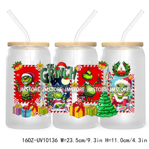 Christmas Coffee Cups Green Guy 16OZ UV Cup Wrap DTF Transfer Stickers For Libbey Glass Can Cup Tumbler Waterproof Label Cartoon