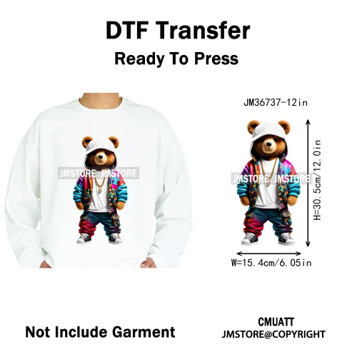 12in Cool Retro Urban Streetwear Graffiti Hip Hop Teddy Bear Iron On DTF Washable Transfers Stickers Ready to Press For Clothing