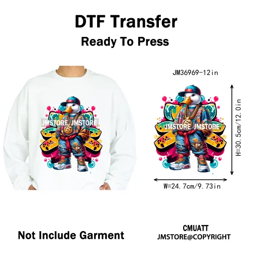 12in Cool Urban Trap Style King Animal Rich Ducks With Gold Chain Iron on DTF Heat Transfer Sticker Ready to Press for Clothing