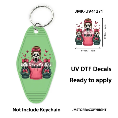 Halloween Horror Mama Kids Ghost Girl Coffee UV DTF Motel Keychain Decal Ready To Ship Transfer Sticker Print For Hotel Keychain