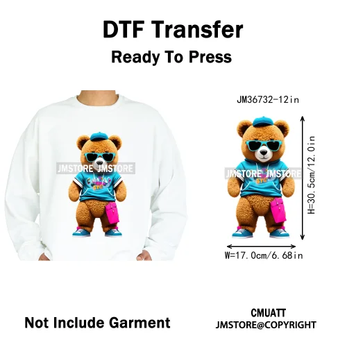 12in Cool Retro Urban Streetwear Graffiti Hip Hop Teddy Bear Iron On DTF Washable Transfers Stickers Ready to Press For Clothing