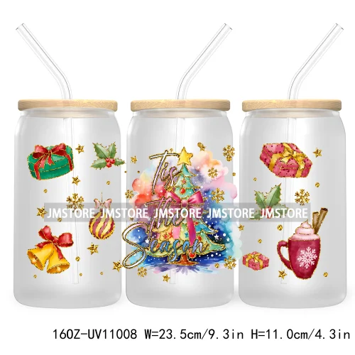 Coquette Glitter Holly Jolly Christmas Tree UV DTF Cup Wrap For Libbey Glass Can Transfer Stickers Waterproof Custom Labels Gift