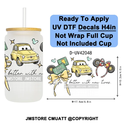 Cartoon Mouse Head Princess Family Vacation UV DTF Decals Ready To Apply Waterproof Transfer Stickers For 16OZ Libbey Glass Can