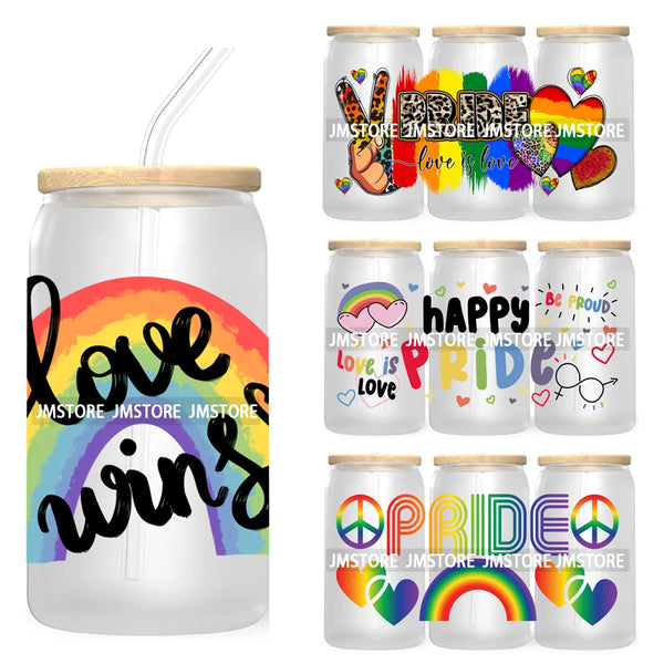 Happy Pride Month 16OZ UV DTF Cup Wrap Transfers Stickers For Libbey Glass Can Cups Tumbler Waterproof Craft Love Rainbow Heart