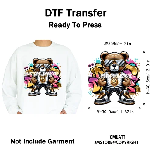 12in Colorful Graffiti Urban Stree Vibes Fearless Gangster Bear Washable Iron on DTF Transfer Sticker Ready to Press for Clothes