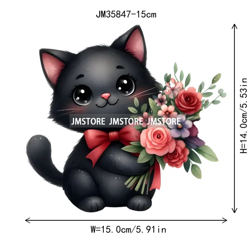 15cm 5.9in Kids Cute Flower Heart Love Valentine Black Cat Iron On Heat Transfer Sticker For Clothes Print Vinyl Washable Decal