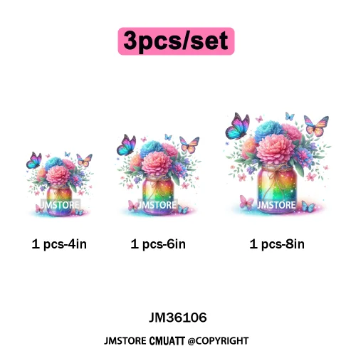 Colorful Sparkling Rainbow Butterflies Flowers Lovers Washable Iron on DTF Transfers Stickers Diy Ready to Press for Clothes