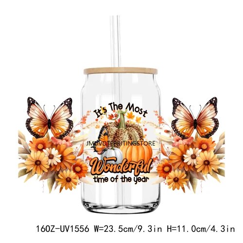 Fall Autumn Pumpkin Flower 16OZ UV DTF Cup Wrap Transfer Stickers Custom Labels DIY Durable Waterproof Logo For Libbey Glass Can