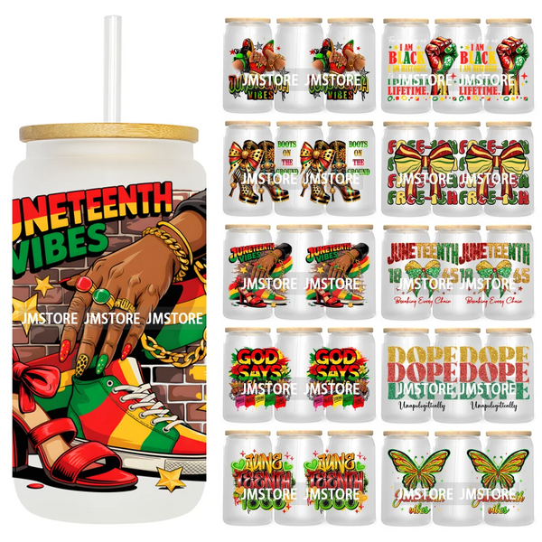 Juneteenth Vibes Sneaker And Heel Afro Woman 16OZ UV DTF Cup Wraps Ready To Apply Transfer Stickers For Libbey Glass Can Tumbler
