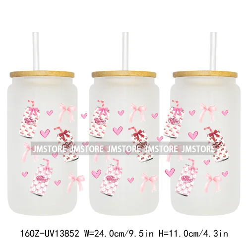Soft Drink Pink Bow Coquette Strawberry UV DTF Wraps Transfer Sticker Selfadhesive Waterproof  For 16OZ Libbey Glass Can Tumbler