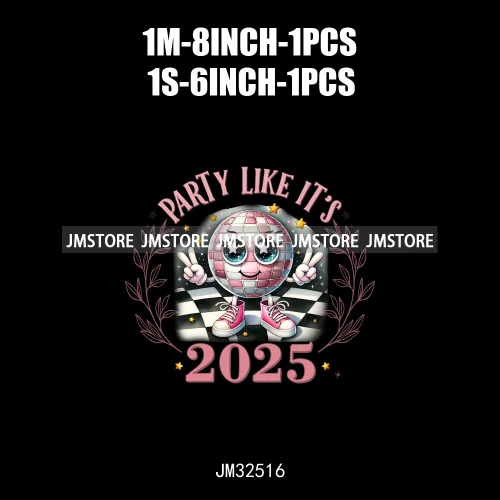 Pink Cheer New Year Eve 2025 Disco Ball Coquette Bow Christmas Party Iron On DTF Transfer ticker Ready To Press For Sweatshirt