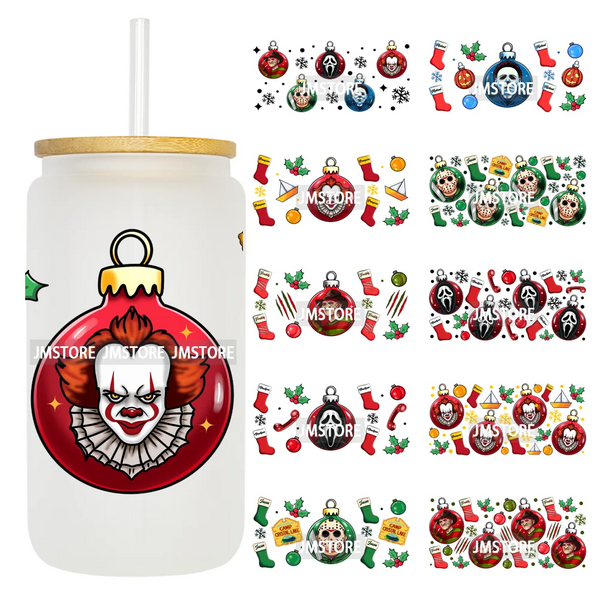 Horror Killers Christmas Ball Stocking Season UV DTF Wraps Transfer Stickers Ready To Apply Waterproof For 16OZ Libbey Glass Can