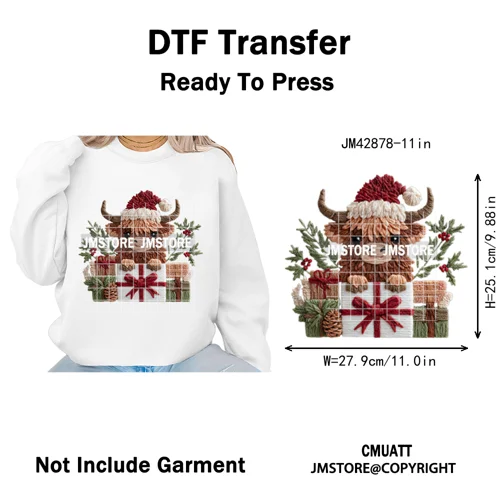Faux Latch Hook Yarn Crochet Christmas Highland Cow Santa Iron on DTF Washable Transfer Stickers Ready to Press for Garment Bags