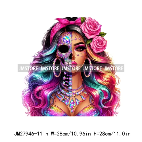 Raninbow Diamond Glamor Latina Skeleton Woman Rose Chicana  Earing Girls DTF Iron On Heat Press Transfer Stickers For Clothes