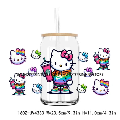 Cute Cartoon Cat Cow 16OZ UV DTF Cup Wrap Transfers Stickers Baseball Girl Custom Label DIY Waterproof Logo For Libbey Glass Can