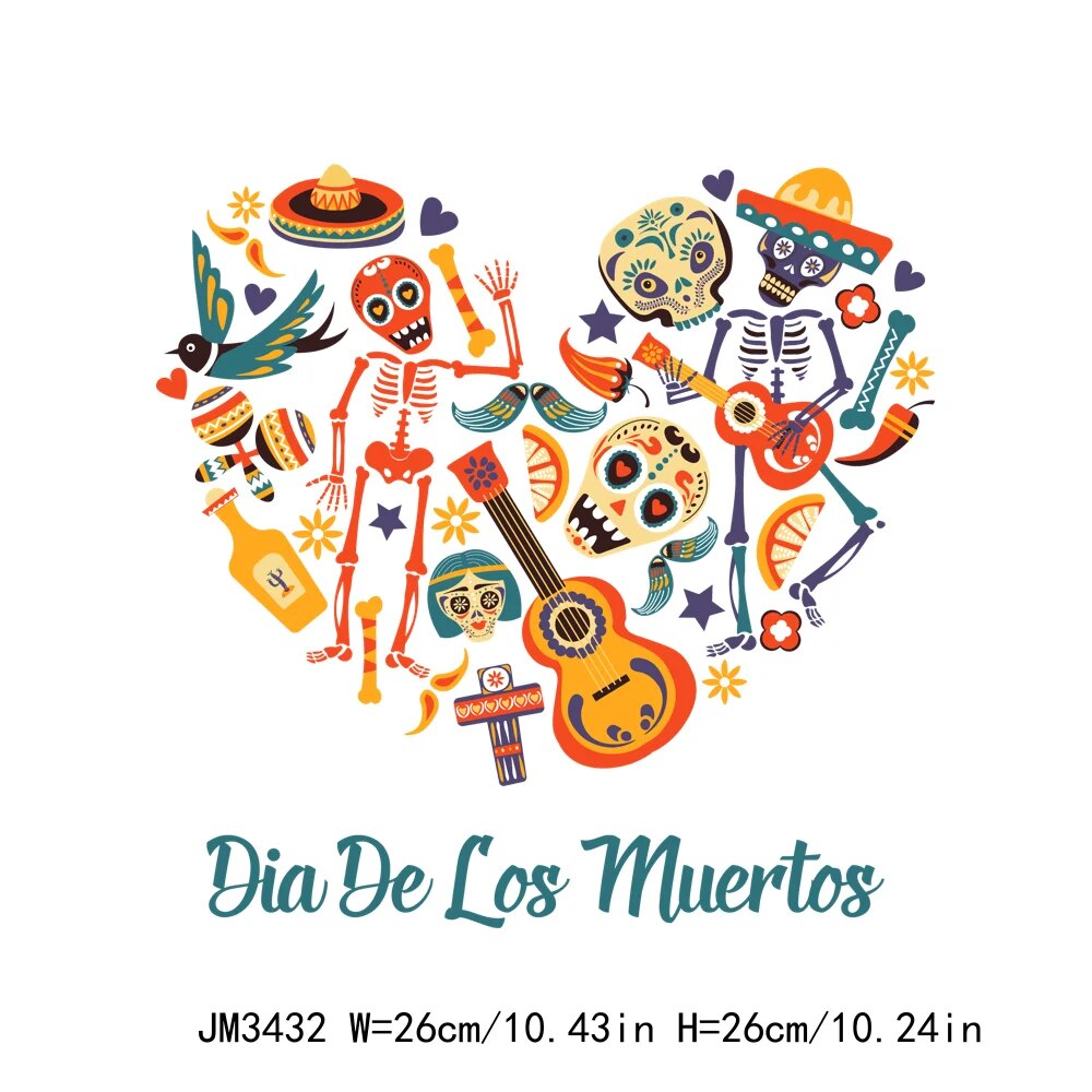 High Quality Mexican Day of the Dead DIY Heat Transfer Iron On Decals Clothes Logo Sticker Washable Thermal Printing Patch