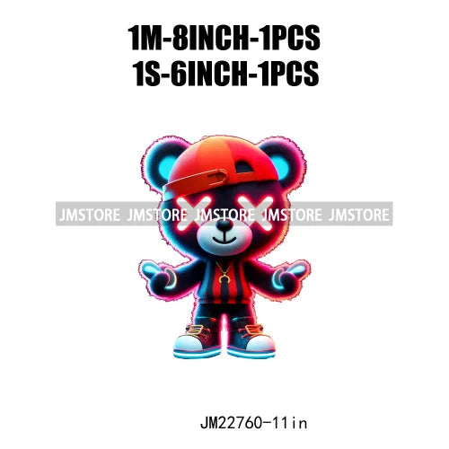 Cool Neon Colorful Hip Hop Streetwear Urban Teddy Bear Iron On DTF Transfers Stickers Ready To Press For Clothing Bags