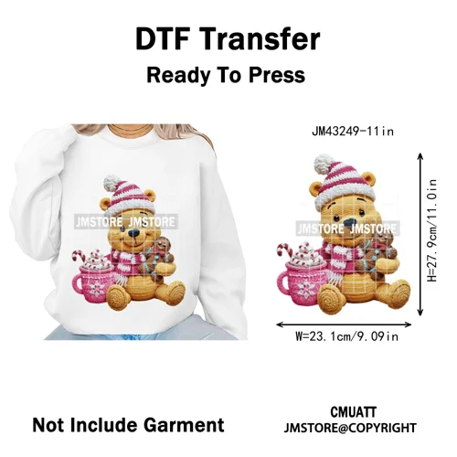 Hot Cocoa Coffee Lover Cartoon Faux Yarn Christmas Xmas Iron on Washable DTF Transfers Stickers Ready to Press for Sweatshirts