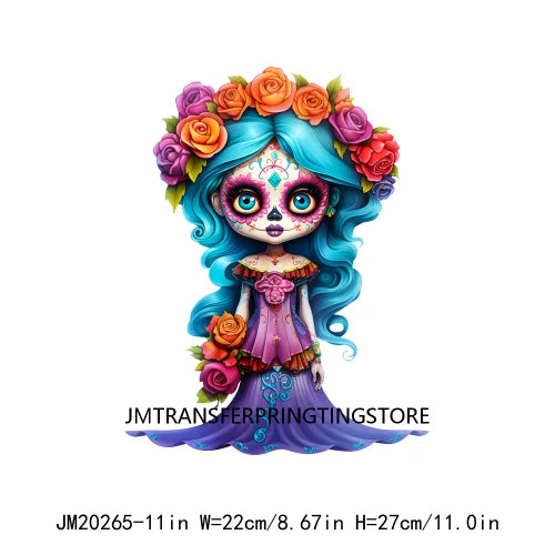 Cute Doll La Catrina Day Of The Dead Sugar Skull Mexican Halloween Iron On DTF Transfer Stickers Ready To Press For Hoodies Bags