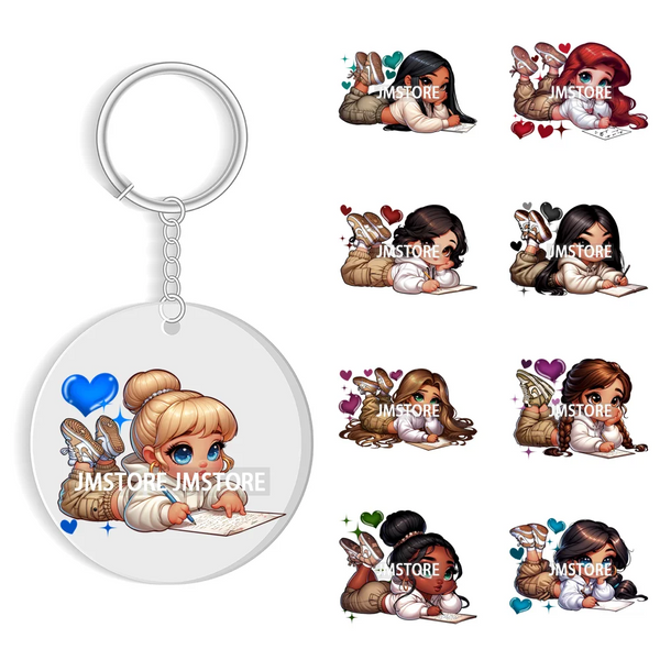 Cartoon Princess Reading Bookish UV DTF Decal Round Keychain Ready To Apply WaterProof Transfer Stickers For Circle Keychain