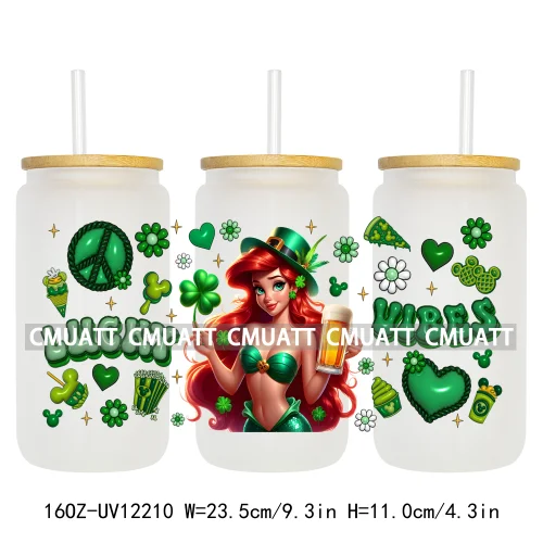 Cartoon Princess Girls St Patricks' Day Lucky Vibes 16OZ UV DTF Cup Transfer Wrap Sticker Waterproof Logos For Libbey Glass Can