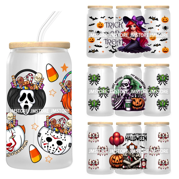 Horror Princess Halloween 16OZ UV DTF Cup Wrap Transfer Stickers Movie Killers Custom Labels For Libbey Glass Can Trick Or Treat