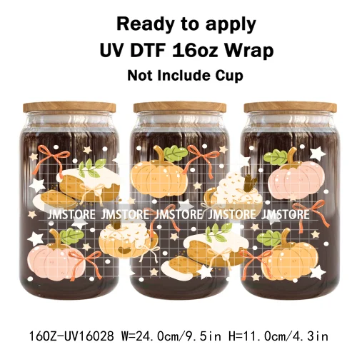 Cozy Autumn Food Fall Leaves Pumpkin 16OZ UV DTF Cup Wraps Ready To Apply Waterproof Transfer Stickers For Libbey Glass Can Mugs