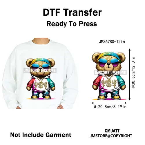 12in Cartoon Gangster Hip Hop Streetwear Teddy Bear Lover Designs Iron on DTF Heat Transfers Stickers Ready to Press for Hoodies