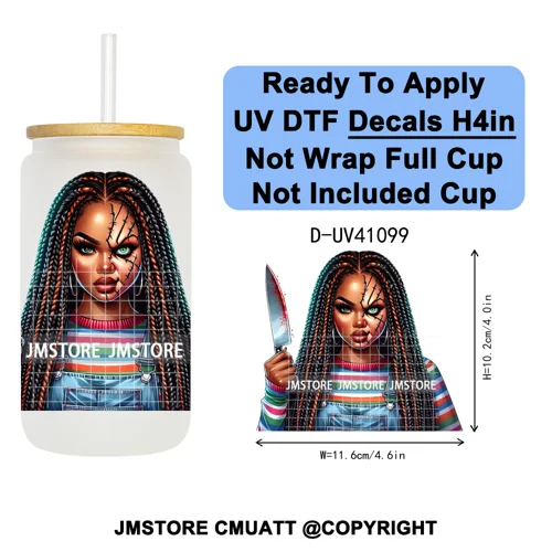 Scary Movie Character Afro Girls Halloween UV DTF Transfer Stickers Decals Ready To Apply Waterproof For 16OZ Libbey Glass Can