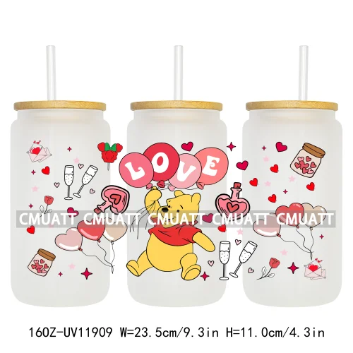 Cartoon Pink Sweet Happy Valentine‘s Day Kids Love Characters UV DTF Stickers Cup Wraps Logos For 16OZ Libbey Glass Can