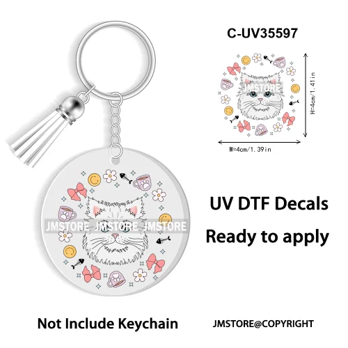 Floral Cat Lover The Best Mama Ever UV DTF Decal Round Keychain Ready To Apply WaterProof Transfer Stickers For Circle Keychain