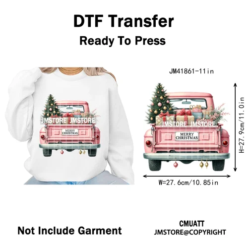 Christmas Pickup Truck Car Winter Tree Snowy Holiday Decoration Iron on DTF Heat Transfers Stickers Ready to Press for Clothing