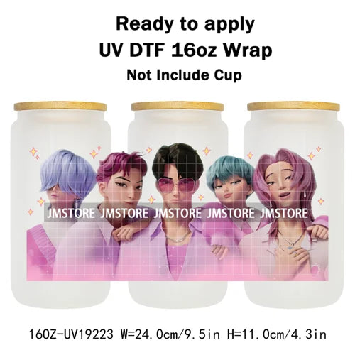 Kpop Saja Boys Bands Demon Hunter UV DTF Wraps Transfer Sticker Selfadhesive Waterproof High Quality For 16OZ Libbey Glass Can