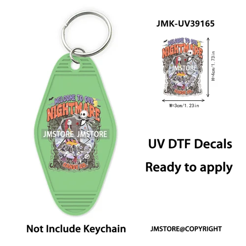 Spooky Halloween Cartoon Character Couple UV DTF Motel Keychain Wrap Ready To Apply Waterproof High Quality Hotel Keychain Decal