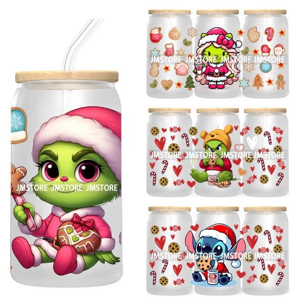 Cute Baby Green Character Christmas Season 16OZ UV Cup Wrap DTF Transfer Stickers For Libbey Glass Can Cups Tumbler Coquette Bow