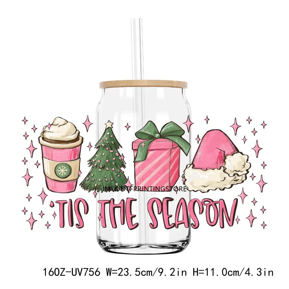 Pink Christmas Trees Vibe 16OZ UV DTF Cup Wrap Transfers Stickers Custom Labels DIY Durable Waterproof Logo For Libbey Glass Can