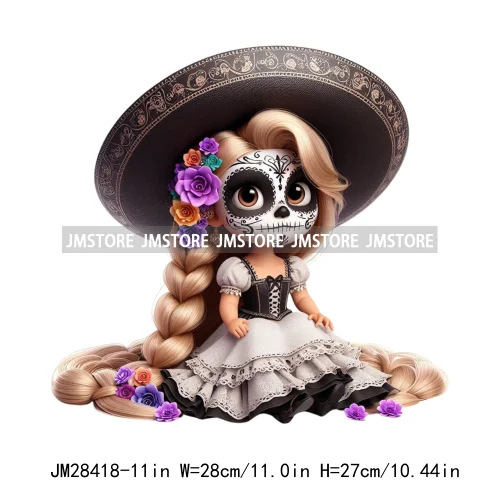 Colorful Day Of The Dead Catrina Princess Baby Girl Sombrero Hat Mexico Conchas Iron On DTF Heat Transfers Stickers For Clothing