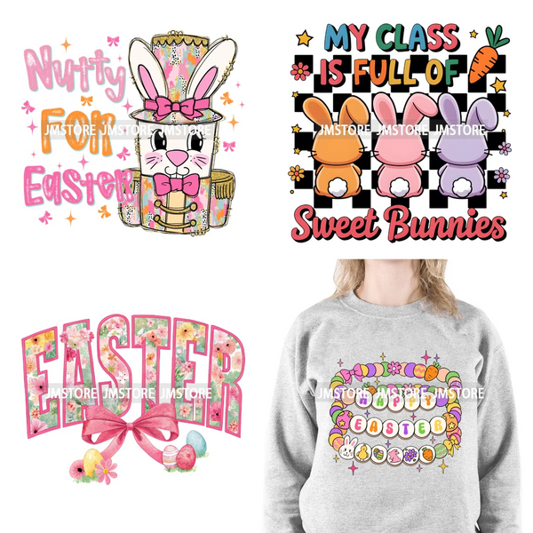 Cute Teacher Bunny Coquette Teaching Sweet Heart Floral Happy Easter Iron On DTF Transfers Stickers Ready To Press For Clothing