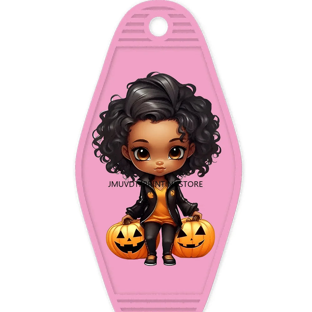 Halloween Pumpkin Cute Afro Girls High Quality WaterProof UV DTF Sticker For Motel Hotel Keychain Festival Gifts