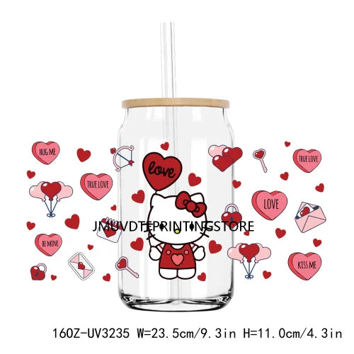 Cartoon Hello Girl Cat Valentine's Day UV DTF Sticker For 16OZ Libbey Glass Cup Can Wrap Transfer Sticker Custom Labels DIY Logo