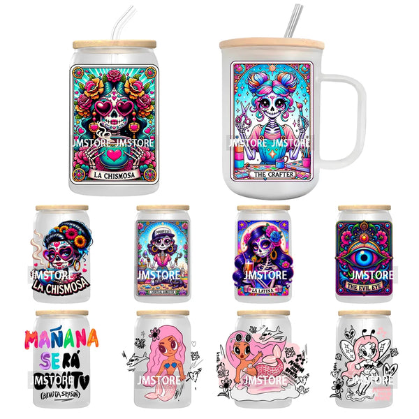 Mexican Culture Tarot Card UV DTF Transfer Stickers Decals For Libbey Cold Cups Mug Tumbler Waterproof DIY Craft Latina Skeleton