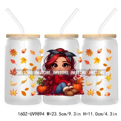 Mexican Latina Chibi Autumn Baby Girl UV DTF Sticker For 16OZ Libbey Glass Cup Can Wrap Transfer Stickers Custom Labels DIY Logo