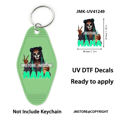 Black Girl Halloween Spooky Horror Mama UV DTF Motel Keychain Wraps Ready To Apply Waterproof High Quality Hotel Keychain Decals