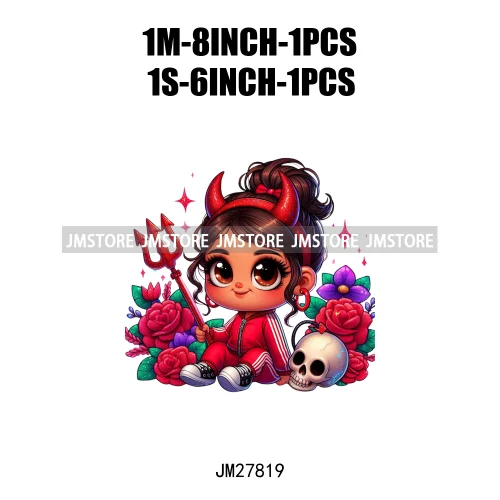 Chibi Cute Halloween Devil Latina Baby Hispanic Girls Skull Red Rose DTF Iron On Transfer Stickers Ready To Press For Sweatshirt