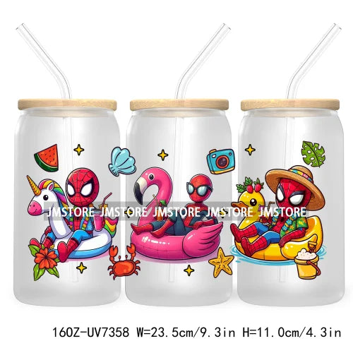 Hero Cartoon Summer Vacation 16OZ UV DTF Cup Wrap Transfers Stickers Custom Labels Durable Waterproof Logo For Libbey Glass Can