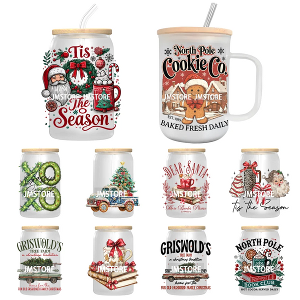 Tis The Season Christmas Santa Cookie UV DTF Transfer Stickers Decals For Libbey Cold Cups Mugs Tumbler Waterproof Book Lovers