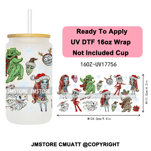 Christmas Cartoon Princess Merry Greenmas 16OZ UV DTF Cup Wraps Ready To Apply Waterproof Transfer Stickers For Libbey Glass Can
