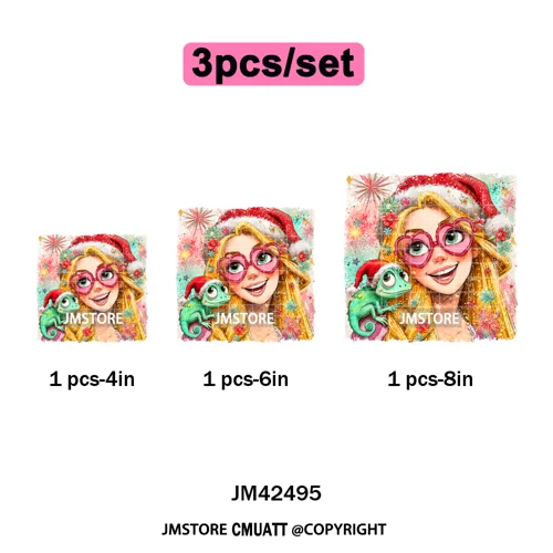 Glasses Cartoon Princess Animal Christmas Brushstroke Festive Vibes Iron on DTF Transfers Stickers Ready to Press for Hoodies